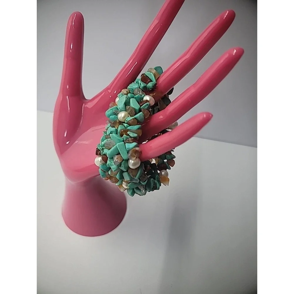 Vintage Bracelet Turquoise Amber Chip Beaded Stretch Jewelry Costume